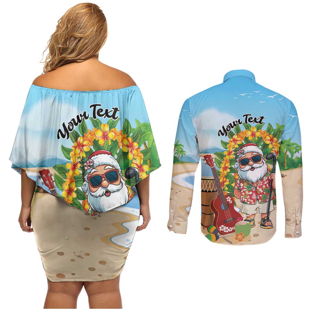 Personalized Hawaii Golf Christmas Couples Matching Off Shoulder Short Dress and Long Sleeve Button Shirt Mele Kalikimaka Funny Golfer Santa - Polynesian Pride