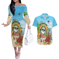 Personalized Hawaii Golf Christmas Couples Matching Off The Shoulder Long Sleeve Dress and Hawaiian Shirt Mele Kalikimaka Funny Golfer Santa - Polynesian Pride