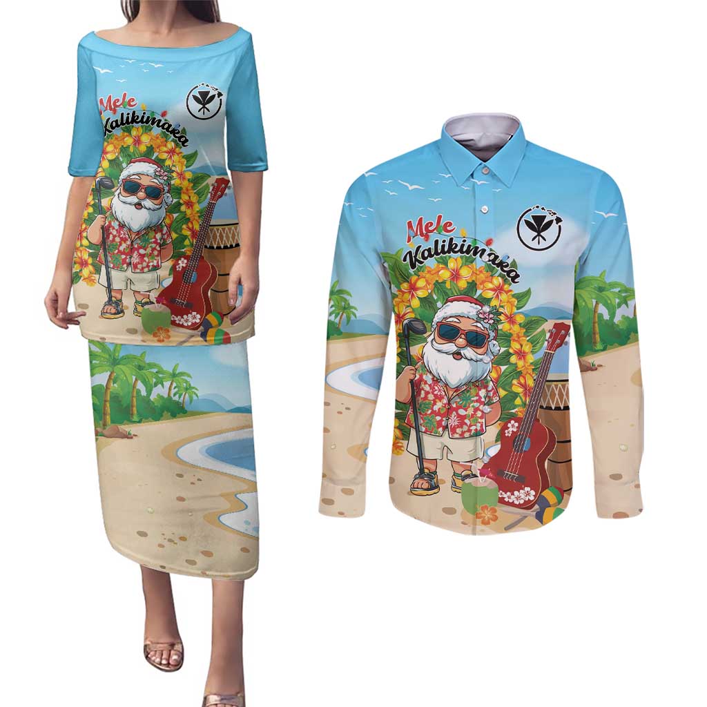 Personalized Hawaii Golf Christmas Couples Matching Puletasi and Long Sleeve Button Shirt Mele Kalikimaka Funny Golfer Santa - Polynesian Pride
