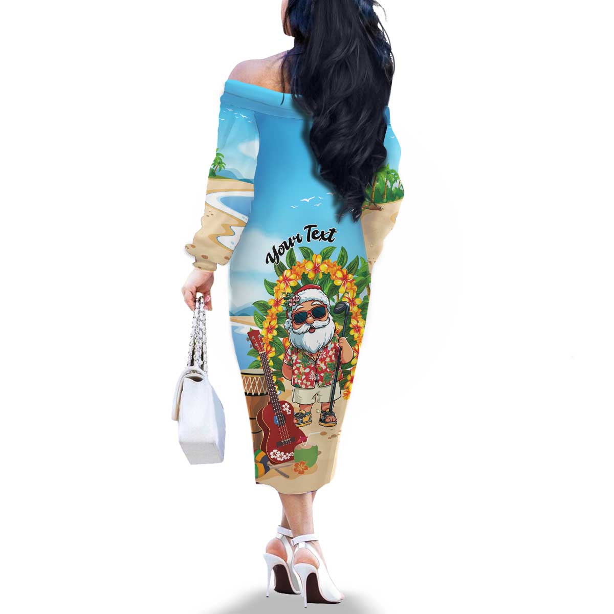 Personalized Hawaii Golf Christmas Family Matching Off The Shoulder Long Sleeve Dress and Hawaiian Shirt Mele Kalikimaka Funny Golfer Santa - Polynesian Pride