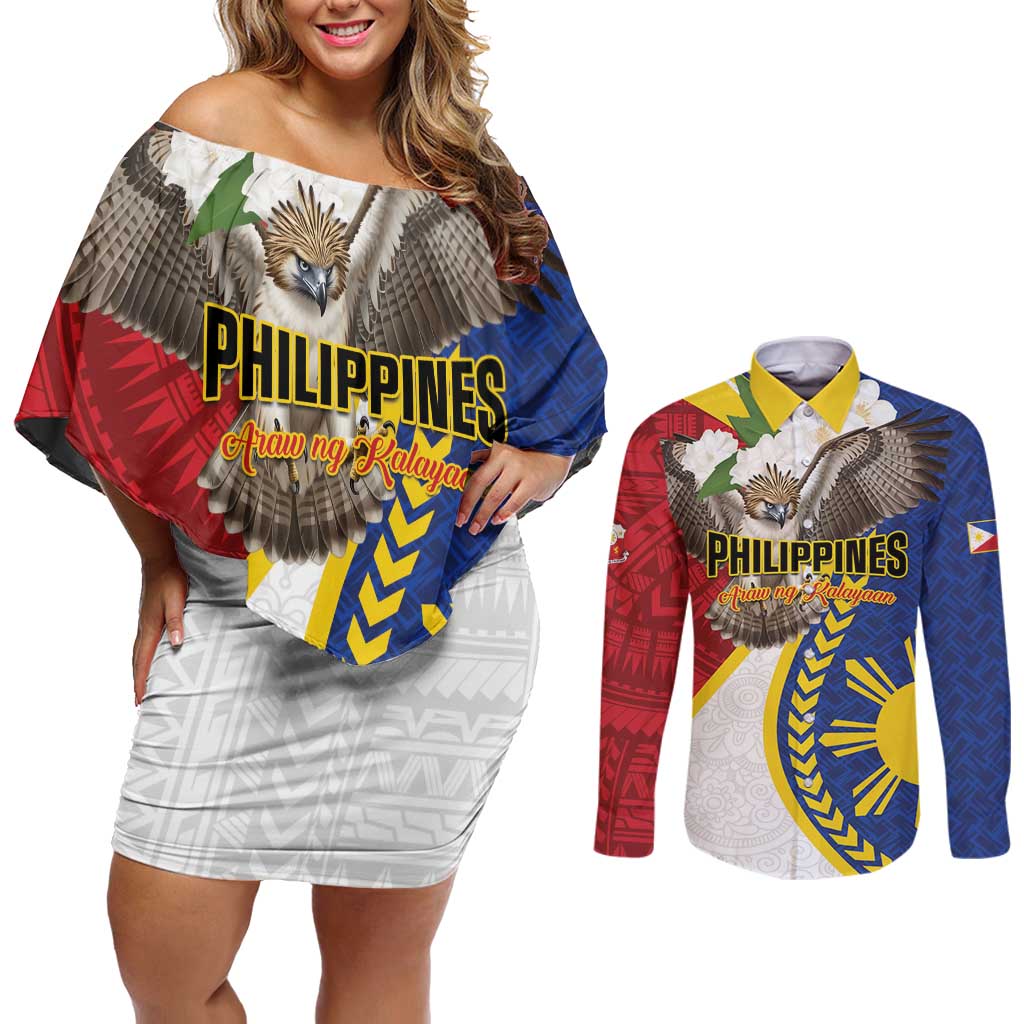 Personalized Philippines Couples Matching Off Shoulder Short Dress and Long Sleeve Button Shirt Filipino Araw ng Kalayaan
