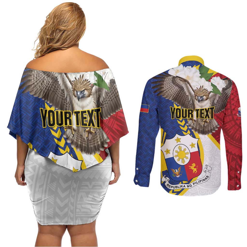 Personalized Philippines Couples Matching Off Shoulder Short Dress and Long Sleeve Button Shirt Filipino Araw ng Kalayaan