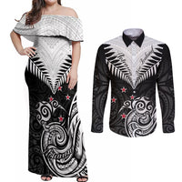 New Zealand Couples Matching Off Shoulder Maxi Dress and Long Sleeve Button Shirts Aotearoa Maori Kiwi Black Fern LT01 Black - Polynesian Pride