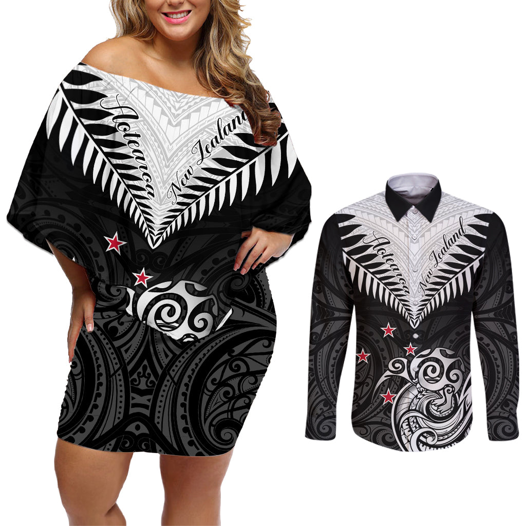 New Zealand Couples Matching Off Shoulder Short Dress and Long Sleeve Button Shirts Aotearoa Maori Kiwi Black Fern LT01 Black - Polynesian Pride