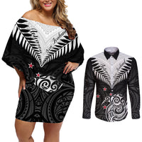 New Zealand Couples Matching Off Shoulder Short Dress and Long Sleeve Button Shirts Aotearoa Maori Kiwi Black Fern LT01 Black - Polynesian Pride