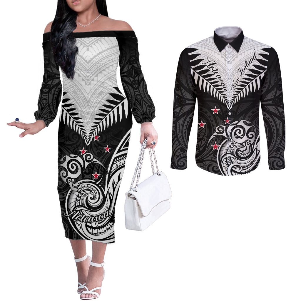 New Zealand Couples Matching Off The Shoulder Long Sleeve Dress and Long Sleeve Button Shirts Aotearoa Maori Kiwi Black Fern LT01 Black - Polynesian Pride