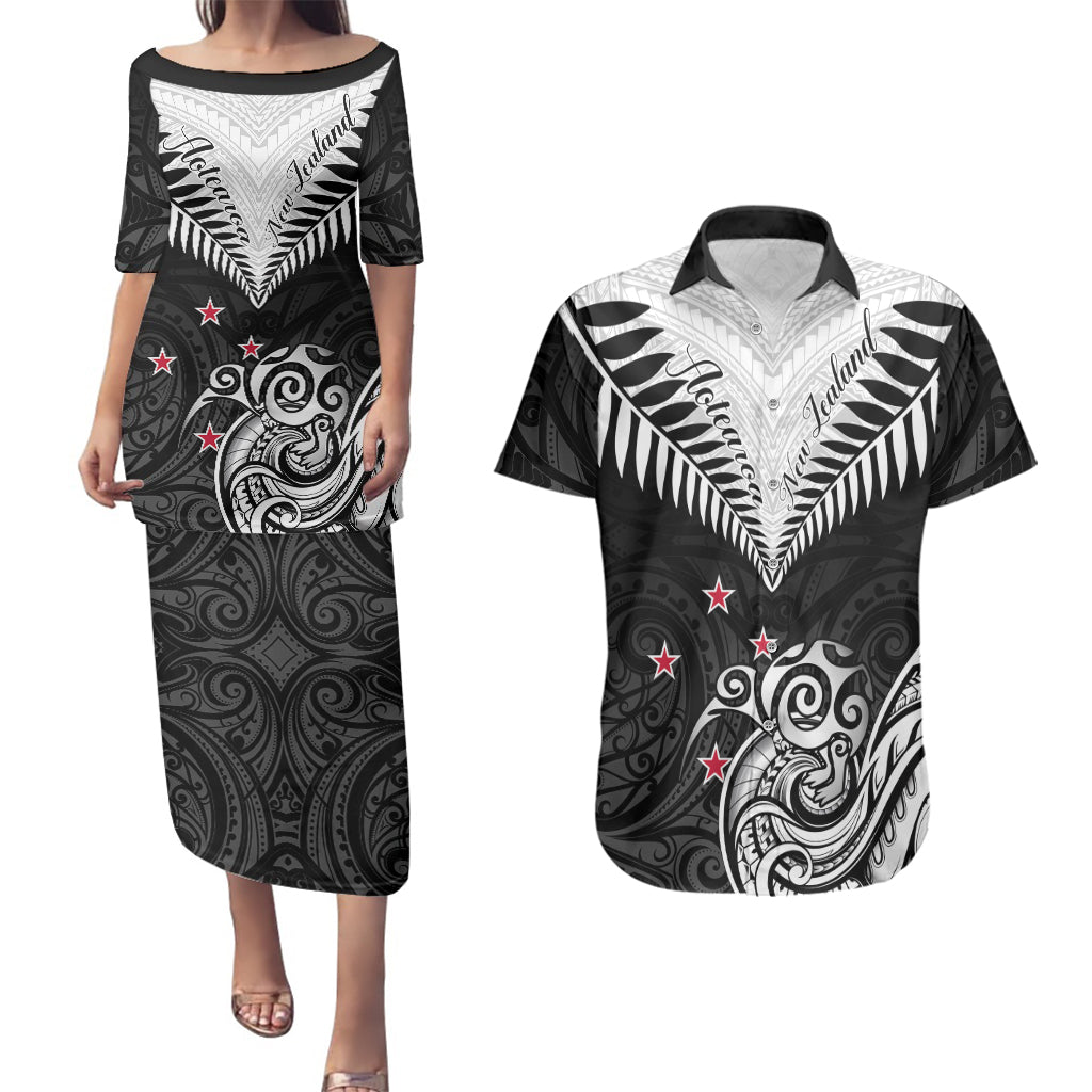 New Zealand Couples Matching Puletasi Dress and Hawaiian Shirt Aotearoa Maori Kiwi Black Fern LT01 Black - Polynesian Pride
