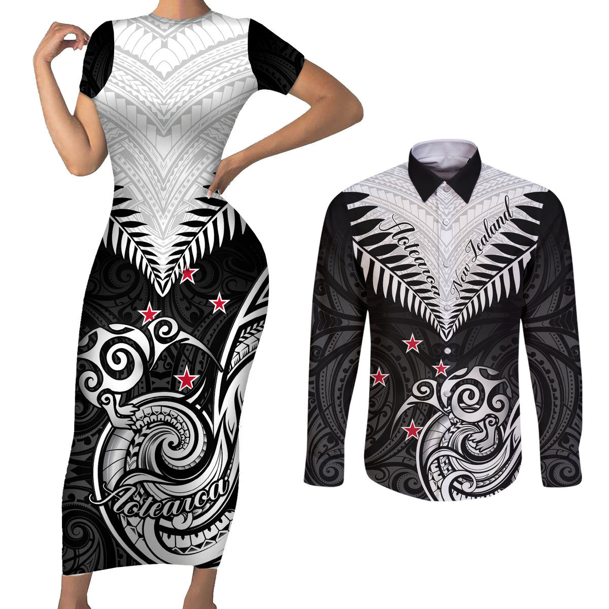 New Zealand Couples Matching Short Sleeve Bodycon Dress and Long Sleeve Button Shirts Aotearoa Maori Kiwi Black Fern LT01 Black - Polynesian Pride