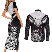 New Zealand Couples Matching Short Sleeve Bodycon Dress and Long Sleeve Button Shirts Aotearoa Maori Kiwi Black Fern LT01 - Polynesian Pride
