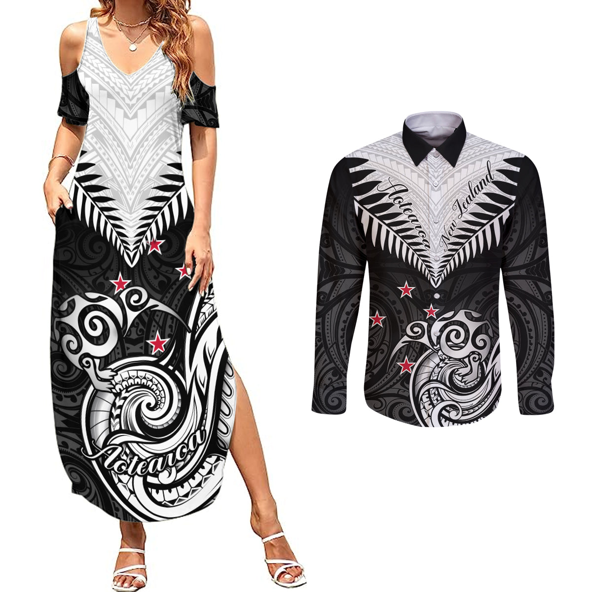 New Zealand Couples Matching Summer Maxi Dress and Long Sleeve Button Shirts Aotearoa Maori Kiwi Black Fern LT01 Black - Polynesian Pride