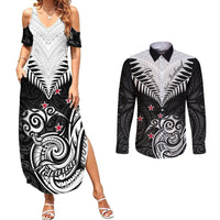 New Zealand Couples Matching Summer Maxi Dress and Long Sleeve Button Shirts Aotearoa Maori Kiwi Black Fern LT01 Black - Polynesian Pride