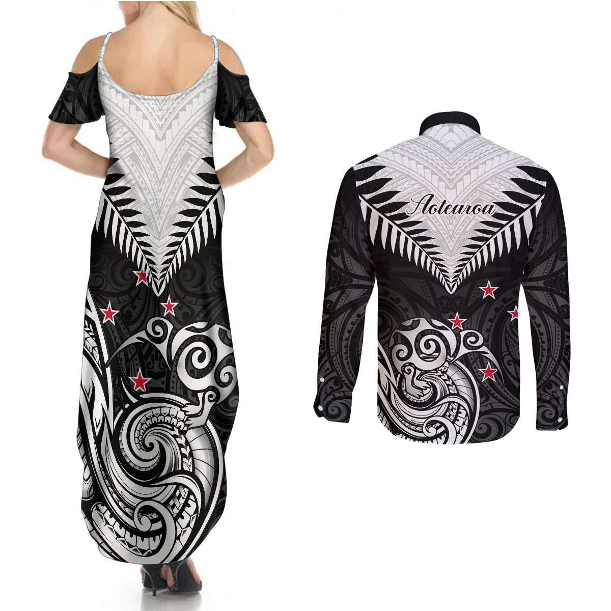 New Zealand Couples Matching Summer Maxi Dress and Long Sleeve Button Shirts Aotearoa Maori Kiwi Black Fern LT01 - Polynesian Pride