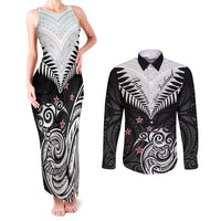 New Zealand Couples Matching Tank Maxi Dress and Long Sleeve Button Shirts Aotearoa Maori Kiwi Black Fern LT01 Black - Polynesian Pride