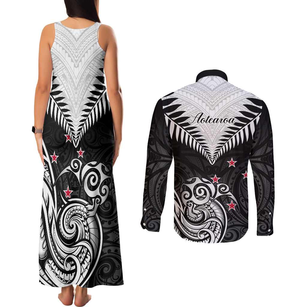 New Zealand Couples Matching Tank Maxi Dress and Long Sleeve Button Shirts Aotearoa Maori Kiwi Black Fern LT01 - Polynesian Pride