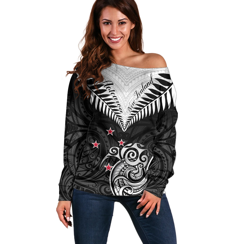 New Zealand Off Shoulder Sweater Aotearoa Maori Kiwi Black Fern LT01 Women Black - Polynesian Pride