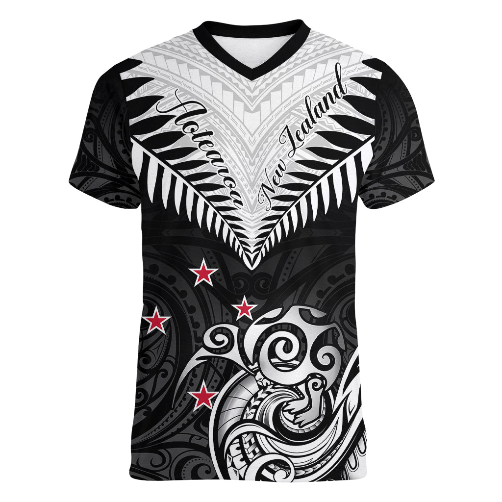 New Zealand Women V Neck T Shirt Aotearoa Maori Kiwi Black Fern LT01 Female Black - Polynesian Pride