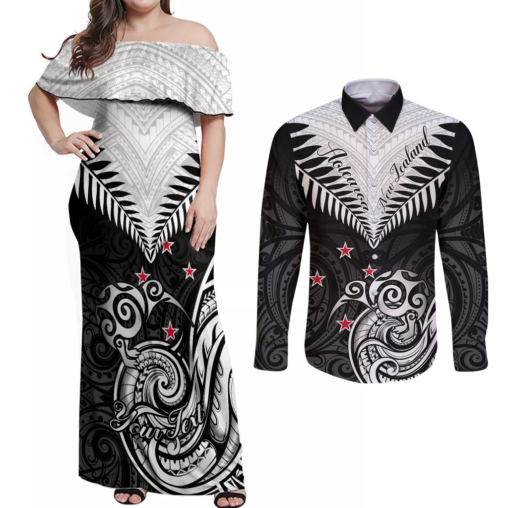 Personalised New Zealand Couples Matching Off Shoulder Maxi Dress and Long Sleeve Button Shirts Aotearoa Maori Kiwi Black Fern LT01 Black - Polynesian Pride