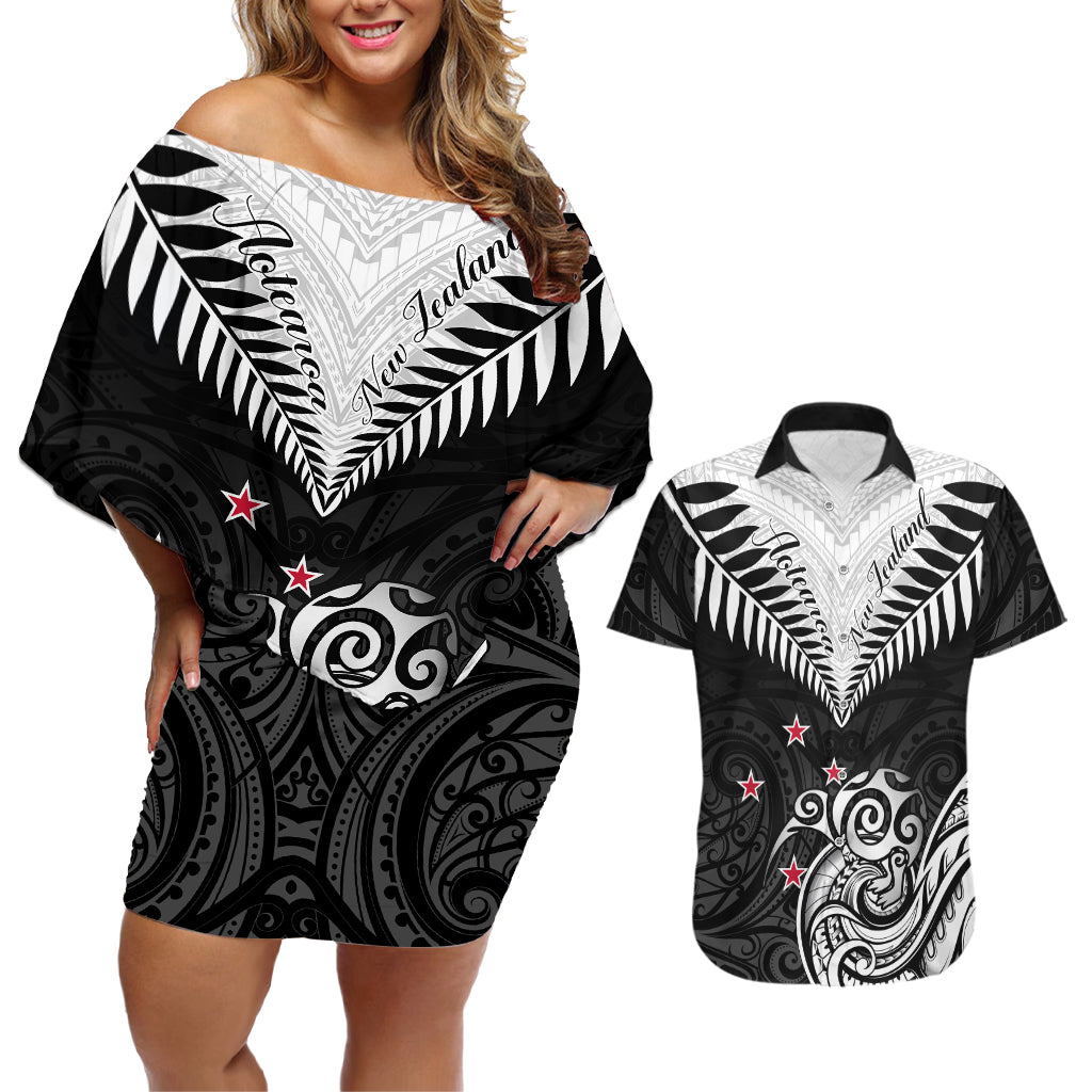 Personalised New Zealand Couples Matching Off Shoulder Short Dress and Hawaiian Shirt Aotearoa Maori Kiwi Black Fern LT01 Black - Polynesian Pride