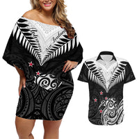 Personalised New Zealand Couples Matching Off Shoulder Short Dress and Hawaiian Shirt Aotearoa Maori Kiwi Black Fern LT01 Black - Polynesian Pride