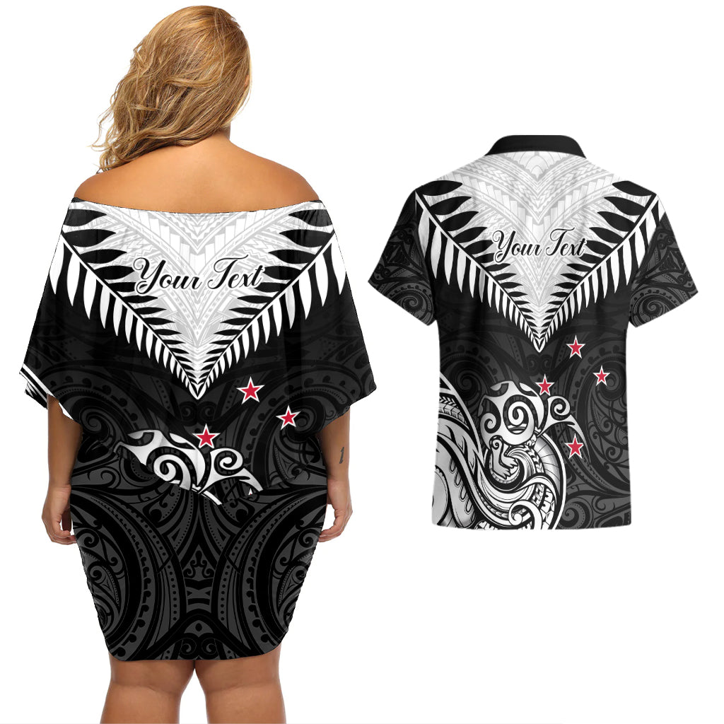 Personalised New Zealand Couples Matching Off Shoulder Short Dress and Hawaiian Shirt Aotearoa Maori Kiwi Black Fern LT01 - Polynesian Pride