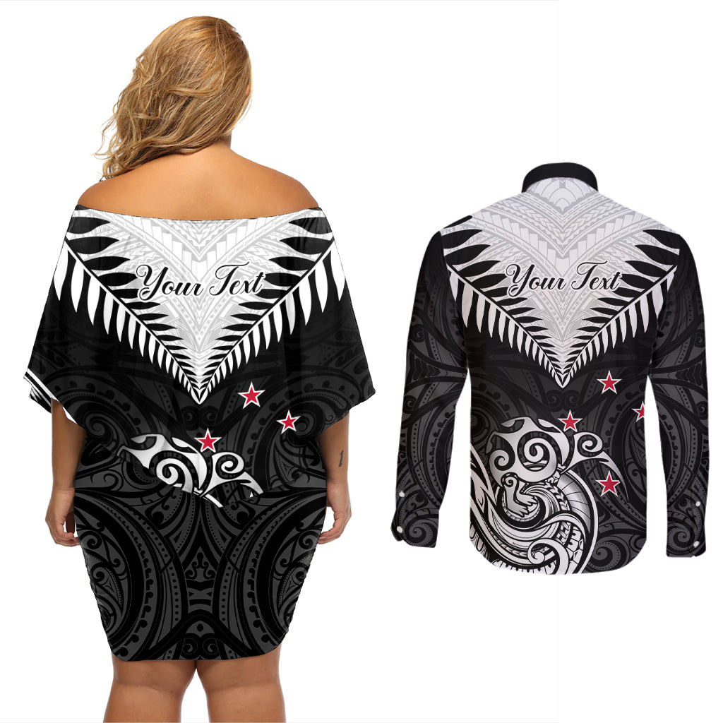 Personalised New Zealand Couples Matching Off Shoulder Short Dress and Long Sleeve Button Shirts Aotearoa Maori Kiwi Black Fern LT01 - Polynesian Pride