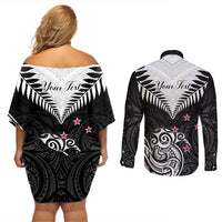 Personalised New Zealand Couples Matching Off Shoulder Short Dress and Long Sleeve Button Shirts Aotearoa Maori Kiwi Black Fern LT01 - Polynesian Pride