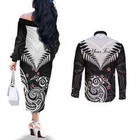 Personalised New Zealand Couples Matching Off The Shoulder Long Sleeve Dress and Long Sleeve Button Shirts Aotearoa Maori Kiwi Black Fern LT01 - Polynesian Pride