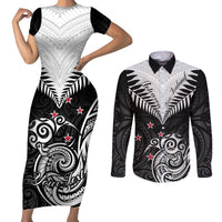 Personalised New Zealand Couples Matching Short Sleeve Bodycon Dress and Long Sleeve Button Shirts Aotearoa Maori Kiwi Black Fern LT01 Black - Polynesian Pride