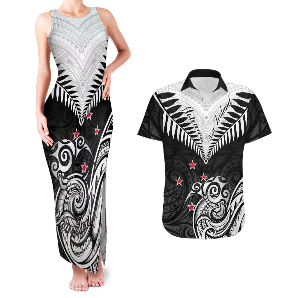 Personalised New Zealand Couples Matching Tank Maxi Dress And Hawaiian Shirt Aotearoa Maori Kiwi Black Fern LT01 Black - Polynesian Pride