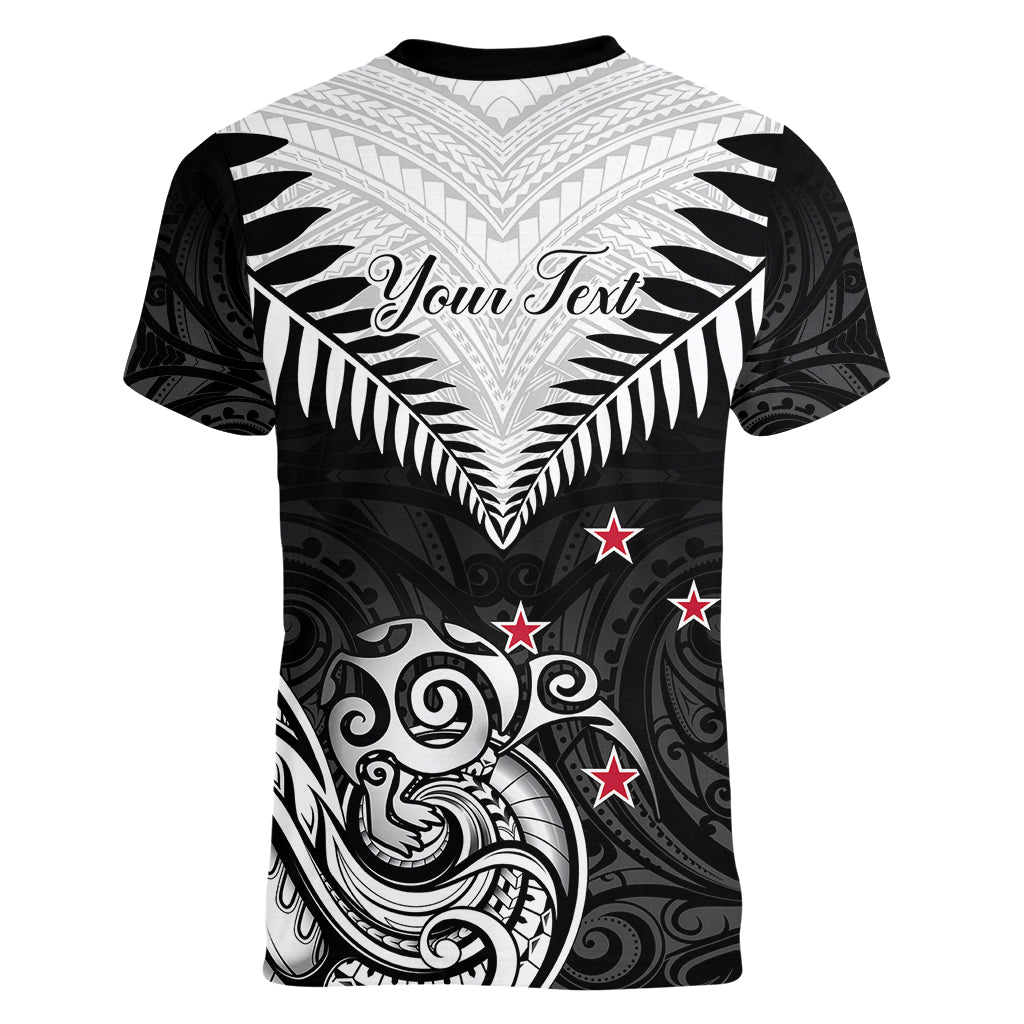 Personalised New Zealand Women V Neck T Shirt Aotearoa Maori Kiwi Black Fern LT01 - Polynesian Pride
