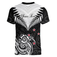 Personalised New Zealand Women V Neck T Shirt Aotearoa Maori Kiwi Black Fern LT01 - Polynesian Pride