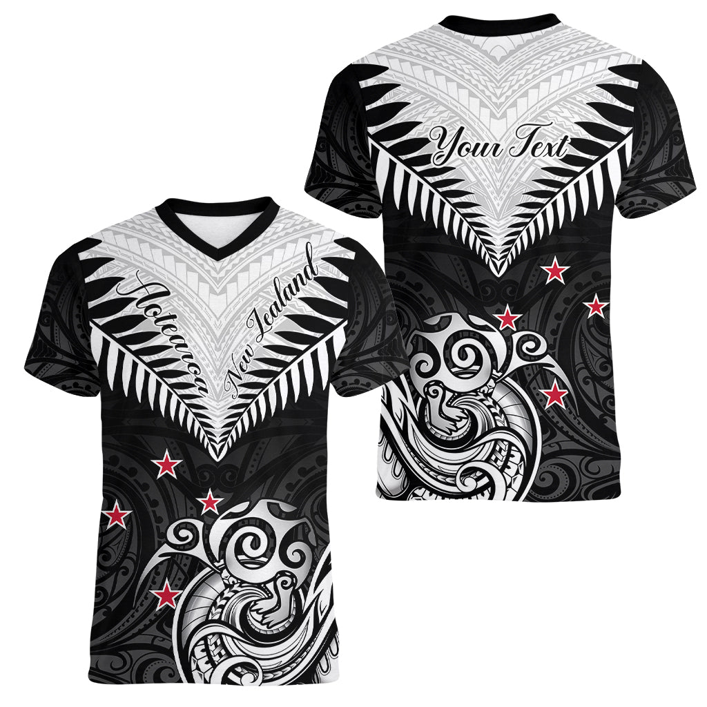 Personalised New Zealand Women V Neck T Shirt Aotearoa Maori Kiwi Black Fern LT01 - Polynesian Pride