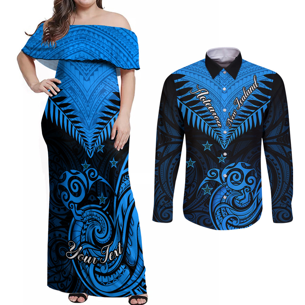 Personalised New Zealand Couples Matching Off Shoulder Maxi Dress and Long Sleeve Button Shirts Aotearoa Blue Maori Kiwi Blue Fern LT01 Blue - Polynesian Pride