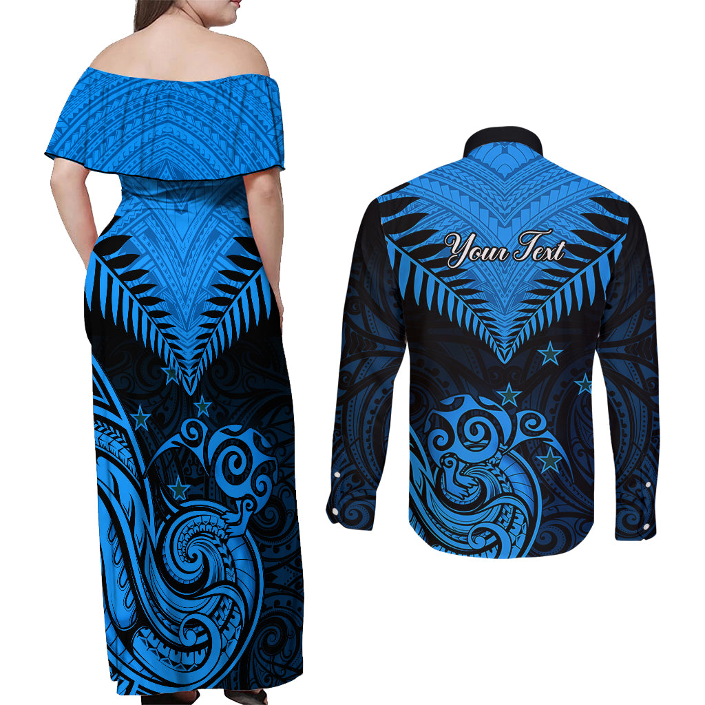 Personalised New Zealand Couples Matching Off Shoulder Maxi Dress and Long Sleeve Button Shirts Aotearoa Blue Maori Kiwi Blue Fern LT01 - Polynesian Pride