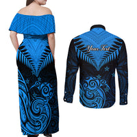 Personalised New Zealand Couples Matching Off Shoulder Maxi Dress and Long Sleeve Button Shirts Aotearoa Blue Maori Kiwi Blue Fern LT01 - Polynesian Pride