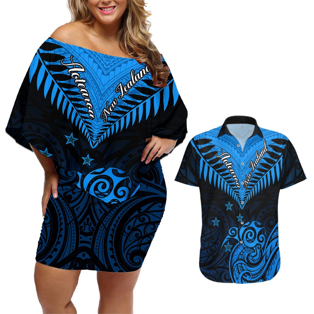 Personalised New Zealand Couples Matching Off Shoulder Short Dress and Hawaiian Shirt Aotearoa Blue Maori Kiwi Blue Fern LT01 Blue - Polynesian Pride