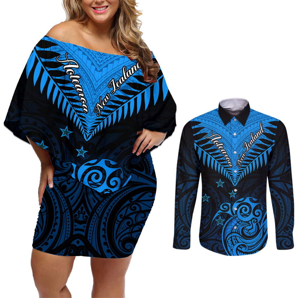 Personalised New Zealand Couples Matching Off Shoulder Short Dress and Long Sleeve Button Shirts Aotearoa Blue Maori Kiwi Blue Fern LT01 Blue - Polynesian Pride