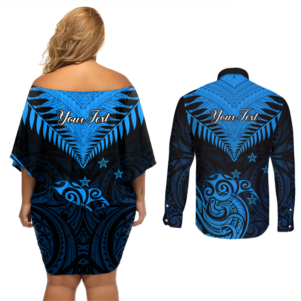 Personalised New Zealand Couples Matching Off Shoulder Short Dress and Long Sleeve Button Shirts Aotearoa Blue Maori Kiwi Blue Fern LT01 - Polynesian Pride