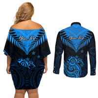 Personalised New Zealand Couples Matching Off Shoulder Short Dress and Long Sleeve Button Shirts Aotearoa Blue Maori Kiwi Blue Fern LT01 - Polynesian Pride