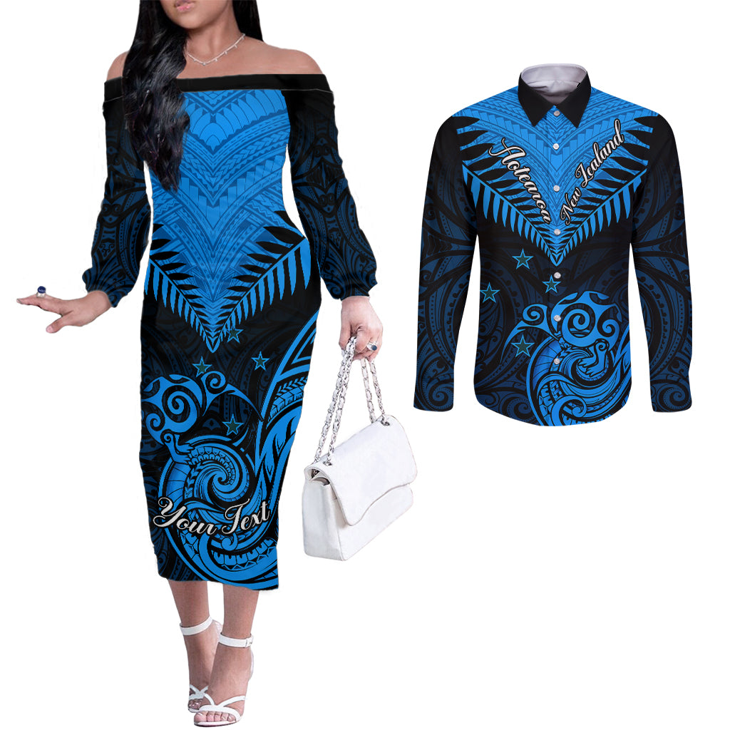 Personalised New Zealand Couples Matching Off The Shoulder Long Sleeve Dress and Long Sleeve Button Shirts Aotearoa Blue Maori Kiwi Blue Fern LT01 Blue - Polynesian Pride