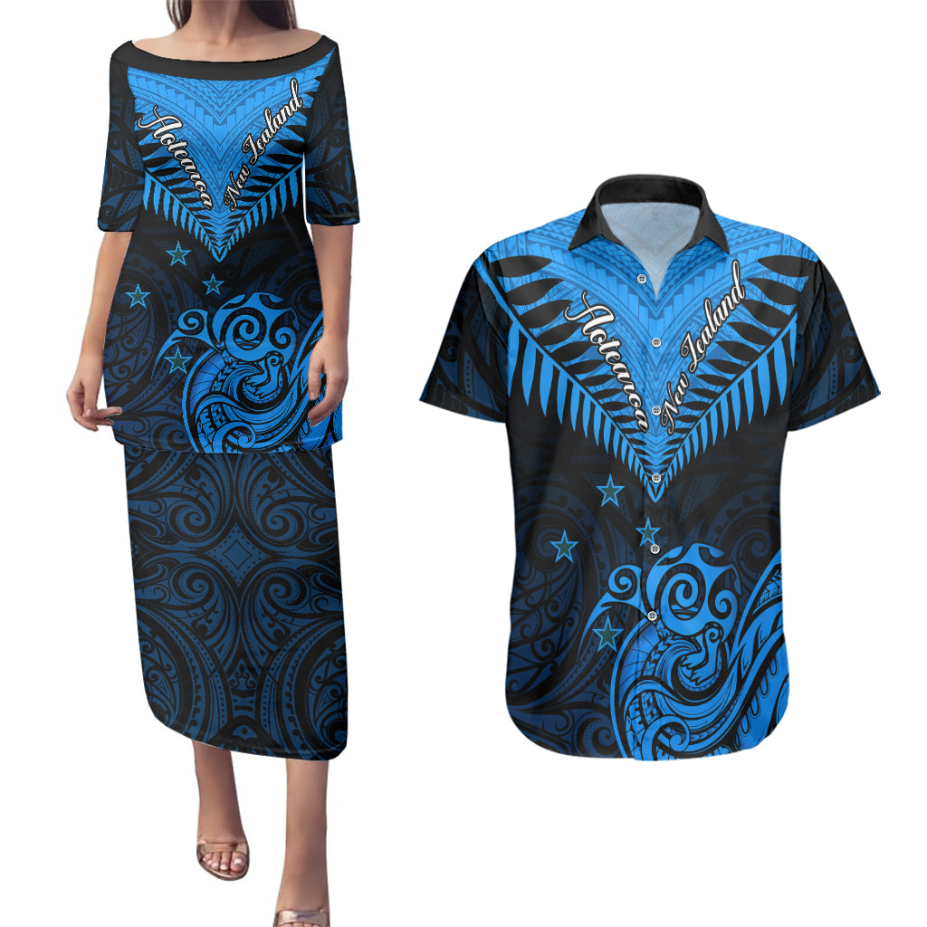 Personalised New Zealand Couples Matching Puletasi Dress and Hawaiian Shirt Aotearoa Blue Maori Kiwi Blue Fern LT01 Blue - Polynesian Pride
