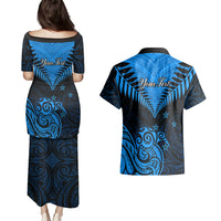 Personalised New Zealand Couples Matching Puletasi Dress and Hawaiian Shirt Aotearoa Blue Maori Kiwi Blue Fern LT01 - Polynesian Pride