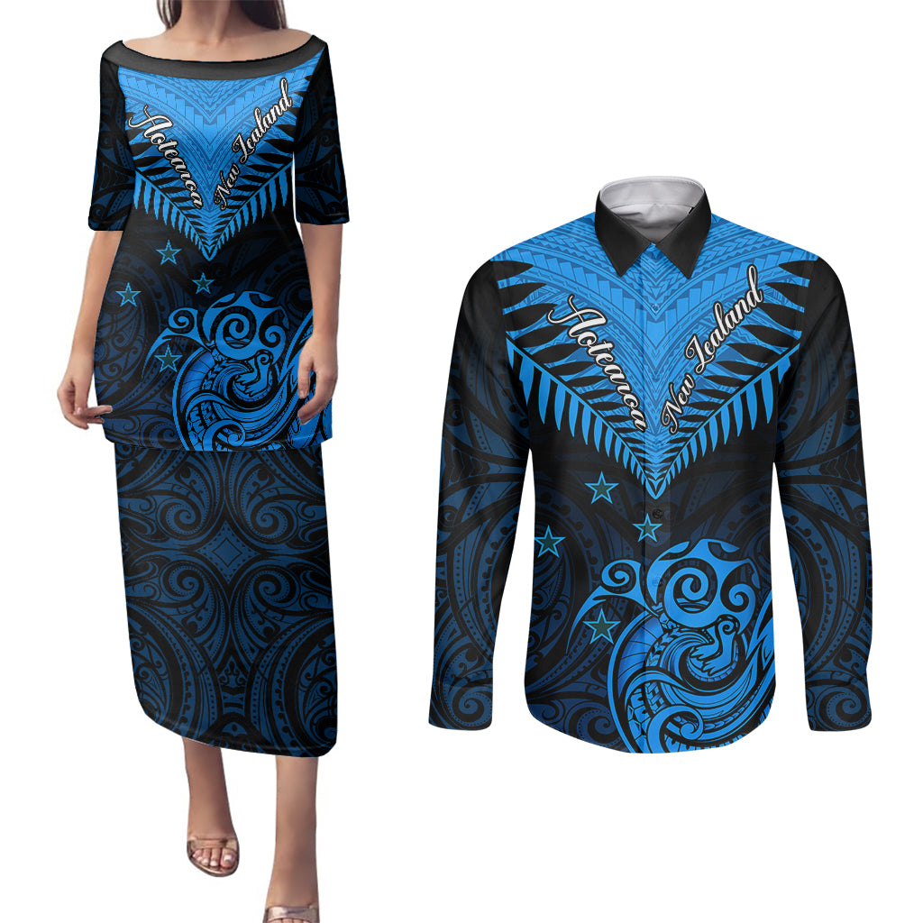 Personalised New Zealand Couples Matching Puletasi Dress and Long Sleeve Button Shirts Aotearoa Blue Maori Kiwi Blue Fern LT01 Blue - Polynesian Pride