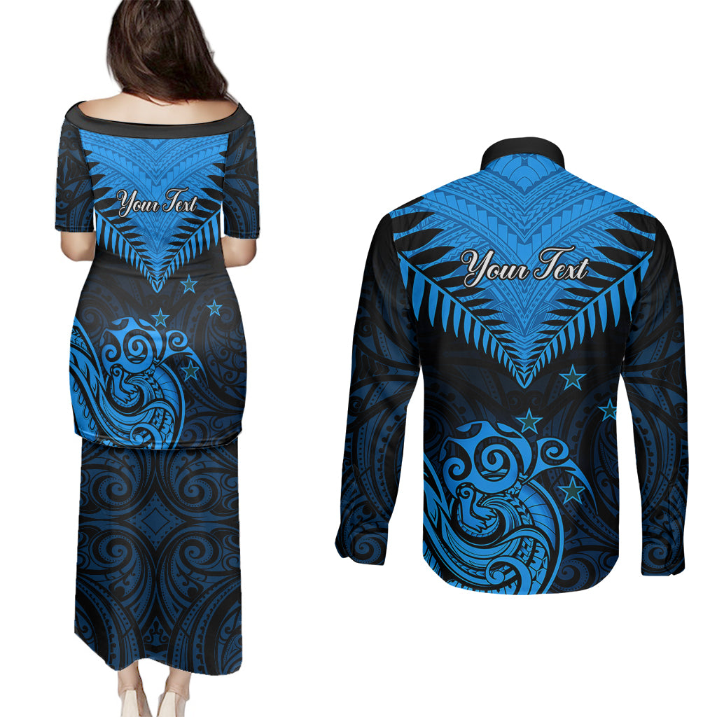 Personalised New Zealand Couples Matching Puletasi Dress and Long Sleeve Button Shirts Aotearoa Blue Maori Kiwi Blue Fern LT01 - Polynesian Pride