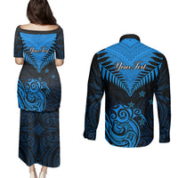 Personalised New Zealand Couples Matching Puletasi Dress and Long Sleeve Button Shirts Aotearoa Blue Maori Kiwi Blue Fern LT01 - Polynesian Pride