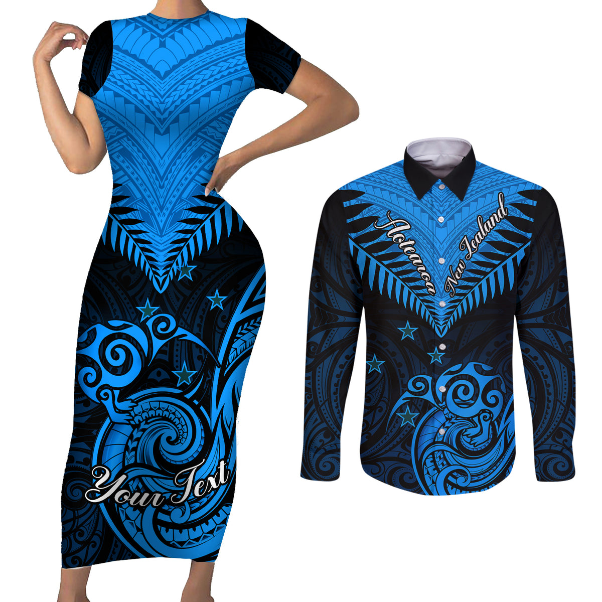Personalised New Zealand Couples Matching Short Sleeve Bodycon Dress and Long Sleeve Button Shirts Aotearoa Blue Maori Kiwi Blue Fern LT01 Blue - Polynesian Pride