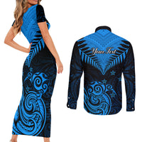 Personalised New Zealand Couples Matching Short Sleeve Bodycon Dress and Long Sleeve Button Shirts Aotearoa Blue Maori Kiwi Blue Fern LT01 - Polynesian Pride