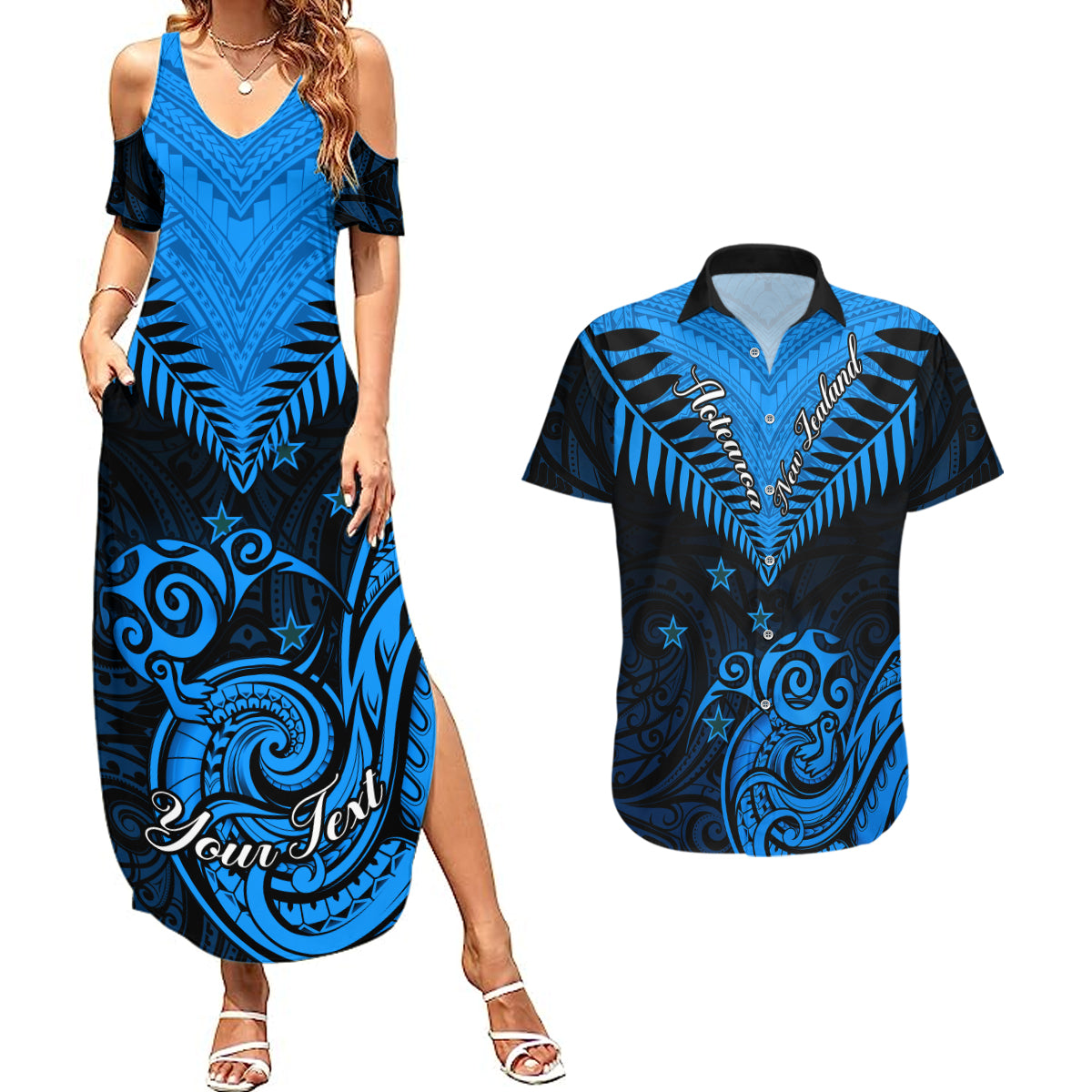 Personalised New Zealand Couples Matching Summer Maxi Dress and Hawaiian Shirt Aotearoa Blue Maori Kiwi Blue Fern LT01 Blue - Polynesian Pride