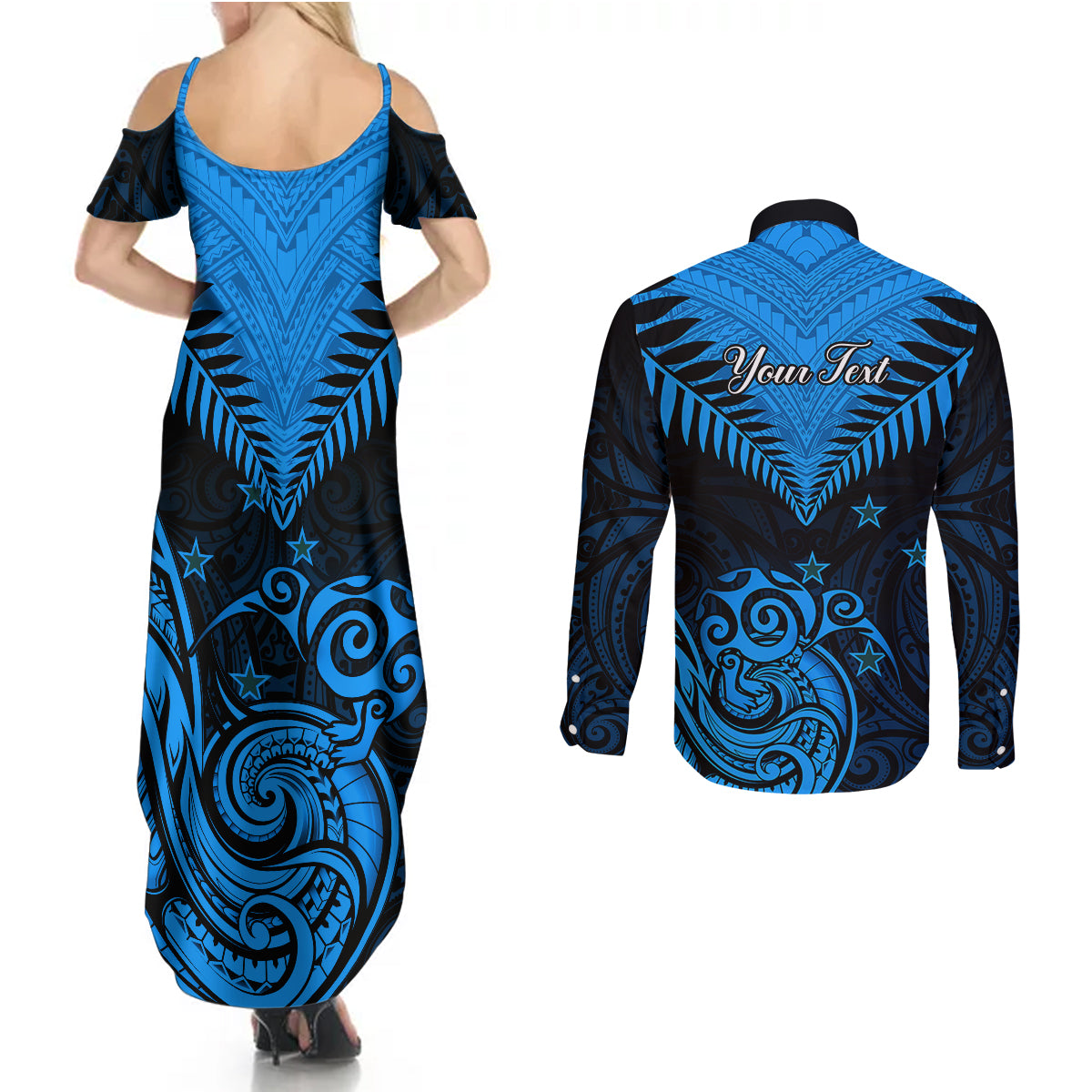 Personalised New Zealand Couples Matching Summer Maxi Dress and Long Sleeve Button Shirts Aotearoa Blue Maori Kiwi Blue Fern LT01 - Polynesian Pride