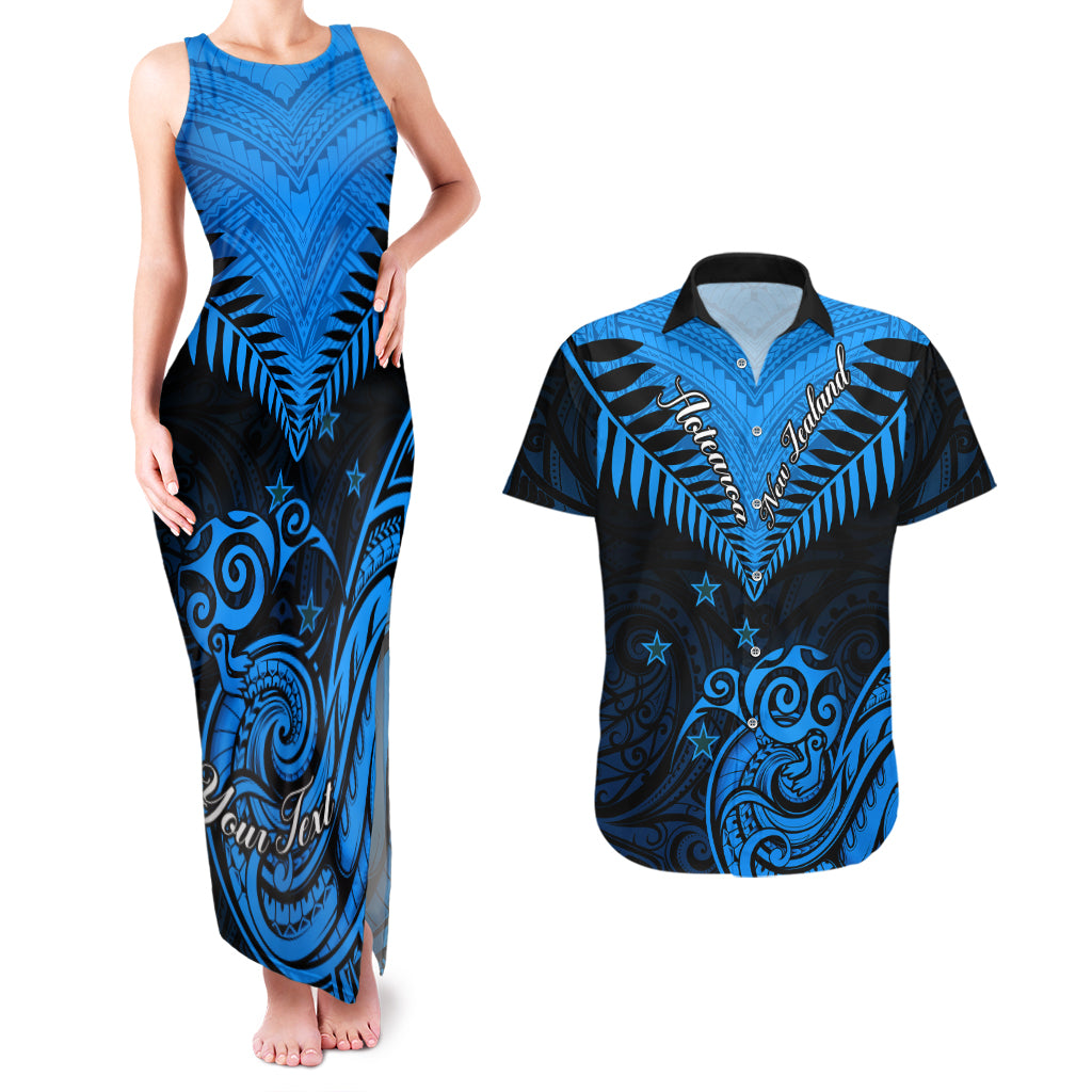 Personalised New Zealand Couples Matching Tank Maxi Dress And Hawaiian Shirt Aotearoa Blue Maori Kiwi Blue Fern LT01 Blue - Polynesian Pride